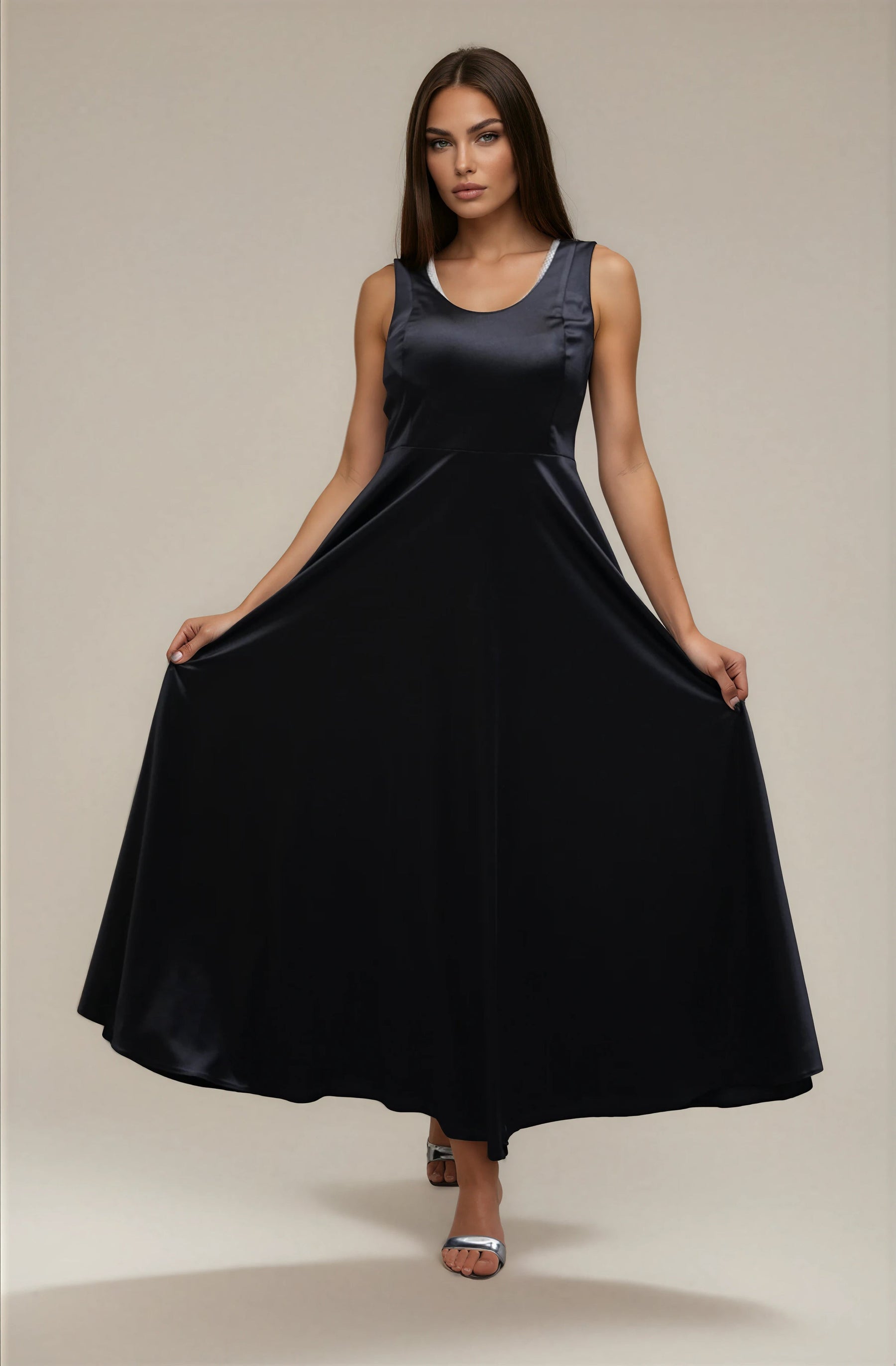 FARIKA Huma satin evening dress in Shadow Black, front view
