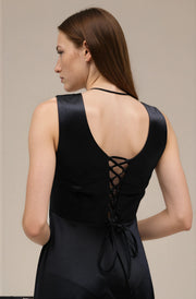 FARIKA Huma satin evening dress in Shadow Black, second model alternate view