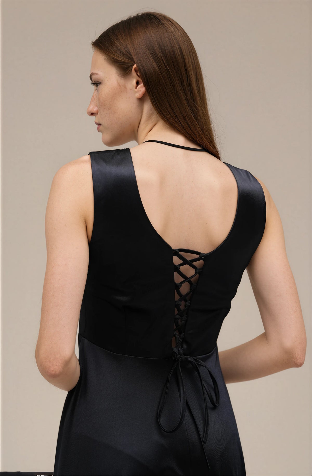 FARIKA Huma satin evening dress in Shadow Black, second model alternate view