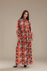 FARIKA Simurg patterned long dress in Charcoal Orange, front view