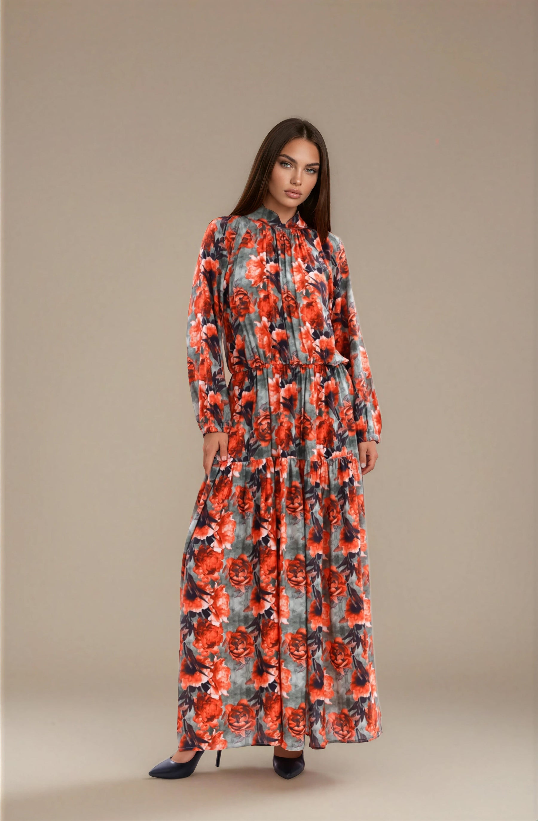 FARIKA Simurg patterned long dress in Charcoal Orange, front view