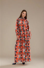 FARIKA Simurg patterned long dress in Charcoal Orange, second model view