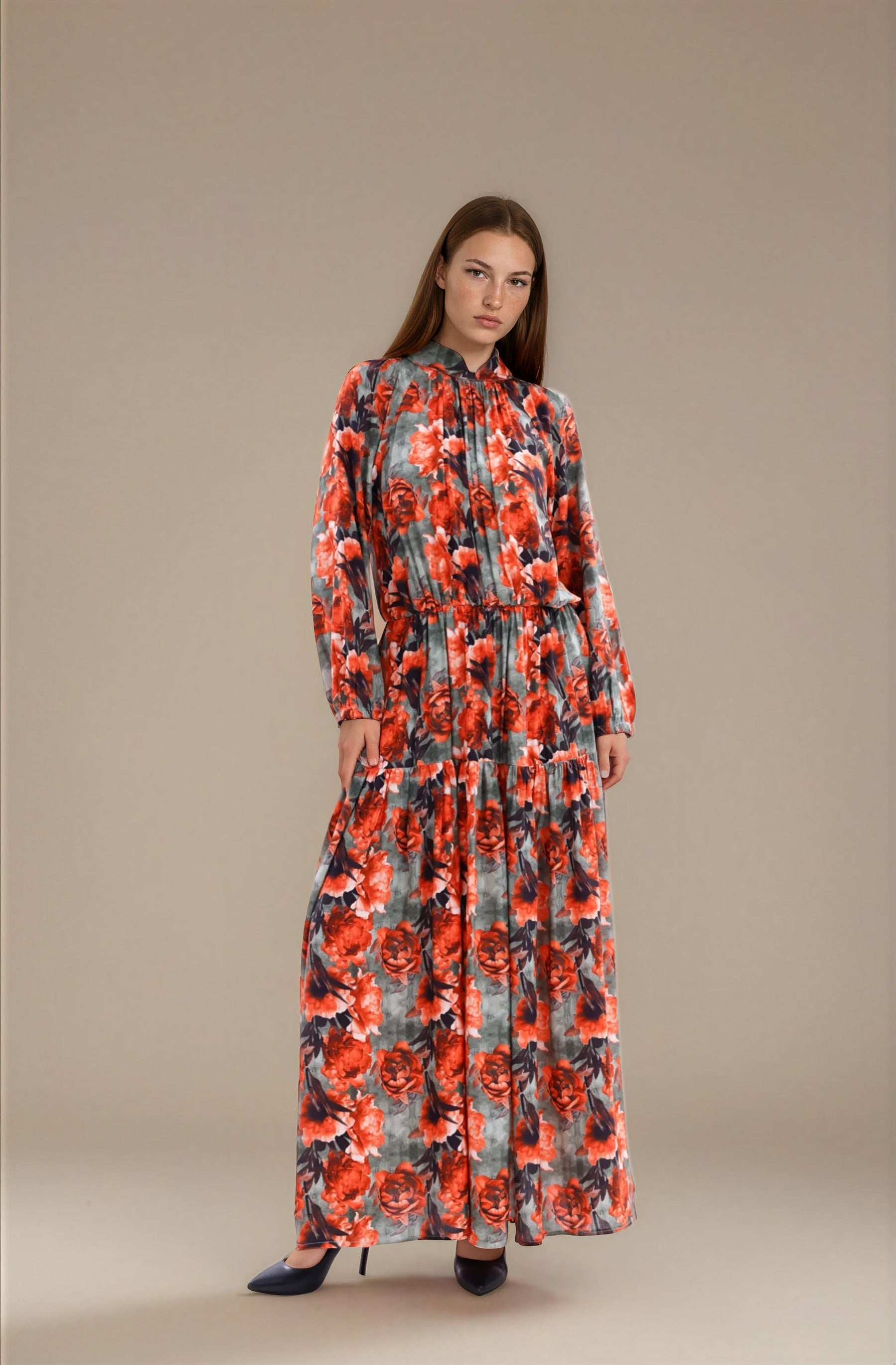 FARIKA Simurg patterned long dress in Charcoal Orange, second model view