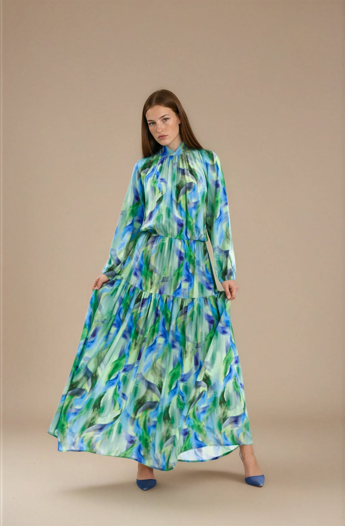 FARIKA Simurg patterned long dress in Ember Bloom, second model alternate view