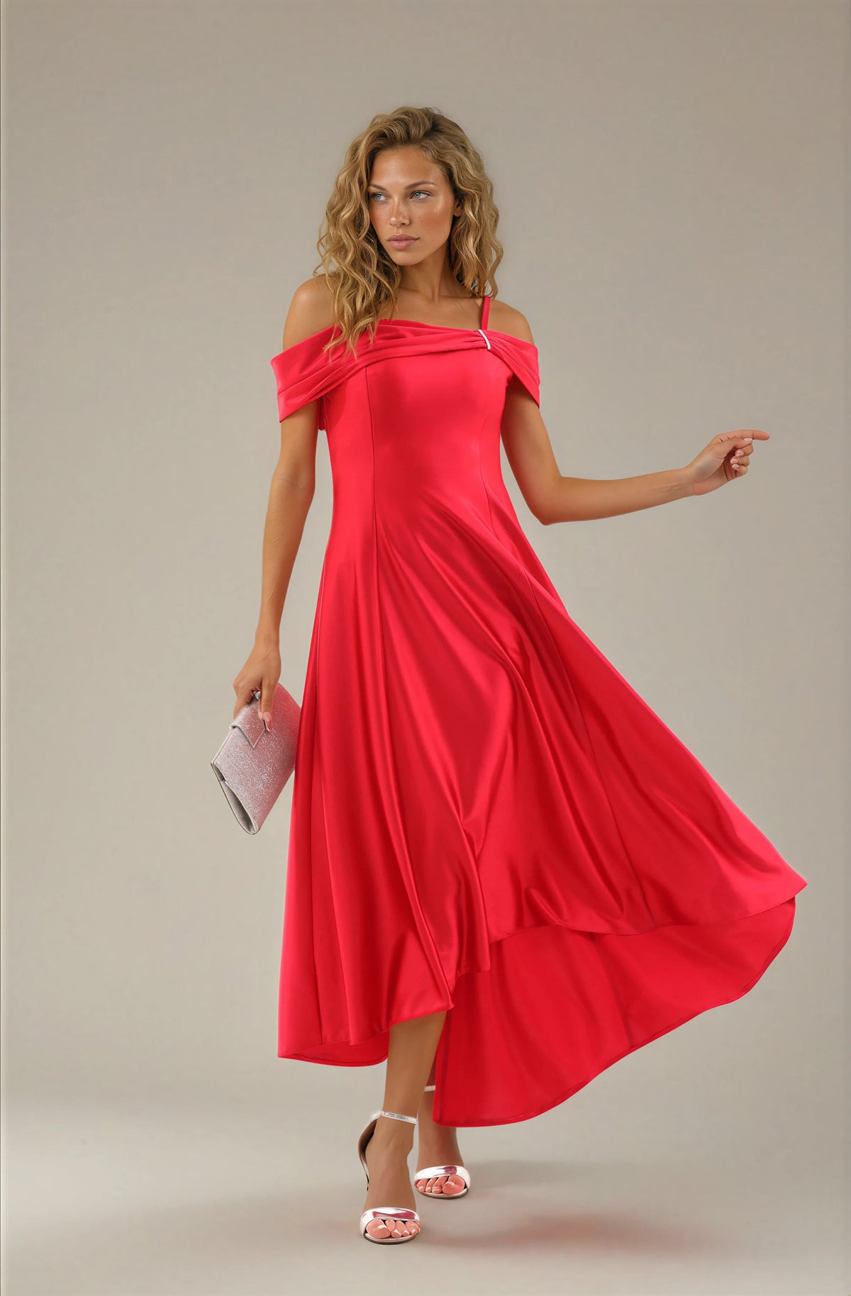FARIKA Turgay satin dress in Coral Red, front editorial view