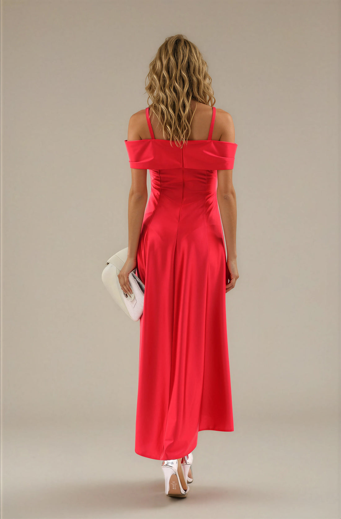 FARIKA Turgay satin dress in Coral Red, alternate editorial view