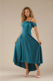 FARIKA Turgay satin dress in Emerald Teal, front editorial view