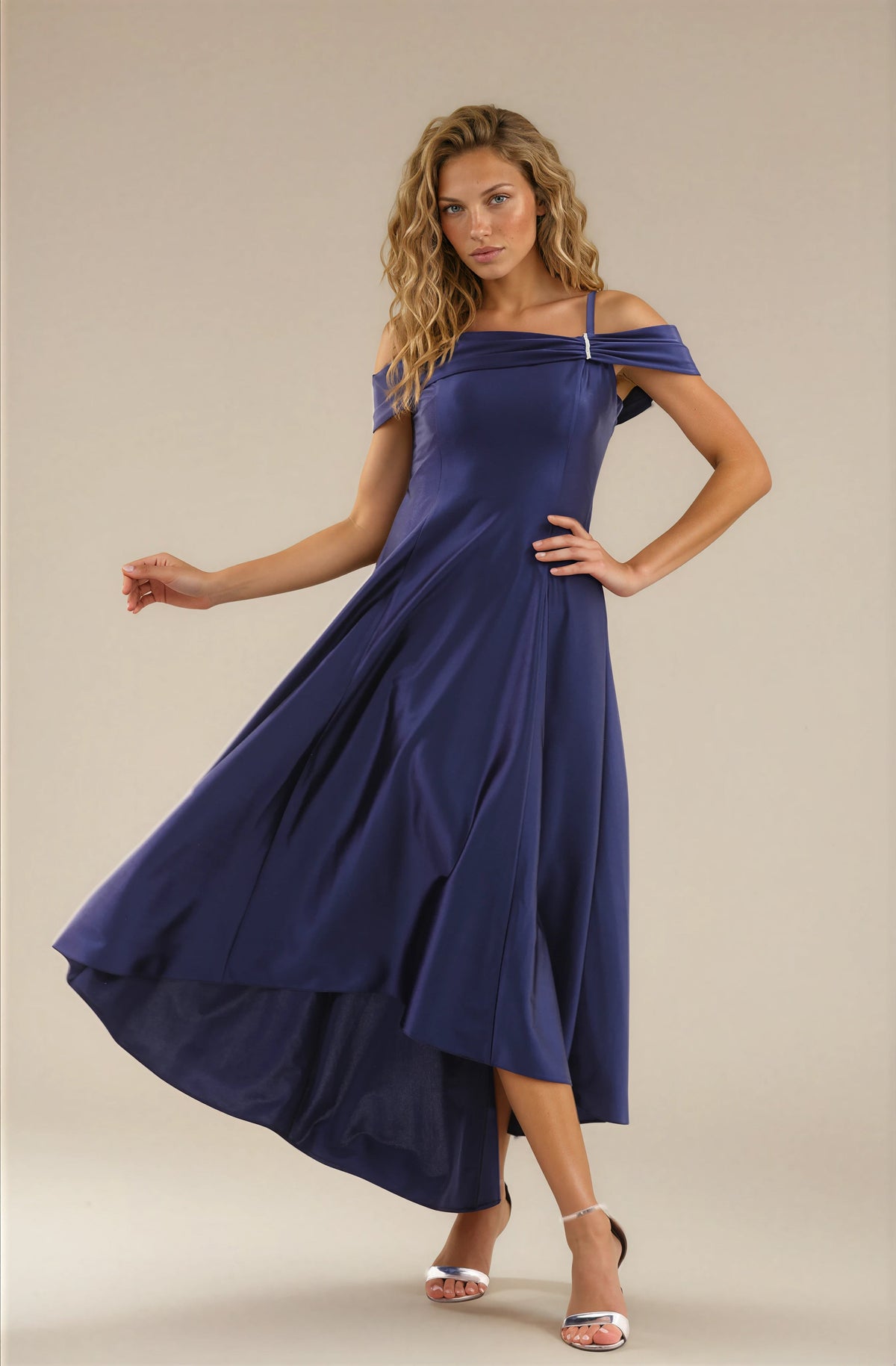 FARIKA Turgay satin dress in Royal Navy, front editorial view