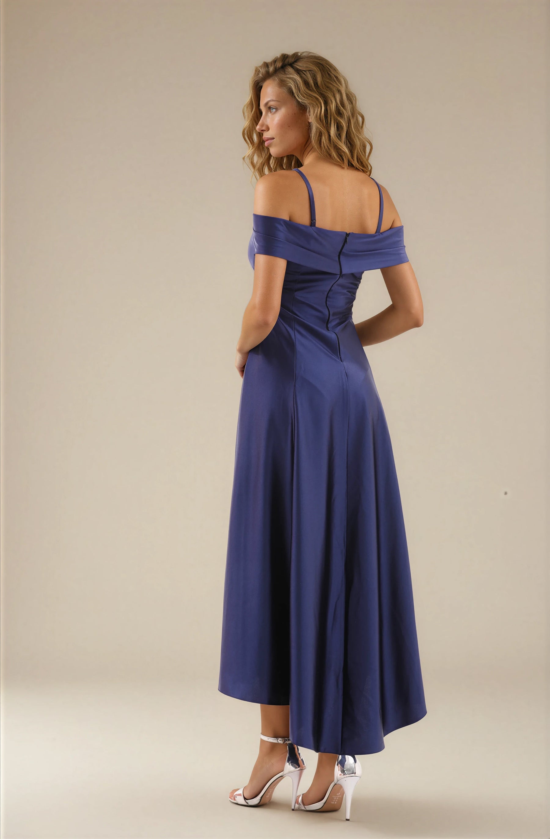 FARIKA Turgay satin dress in Royal Navy, alternate editorial view