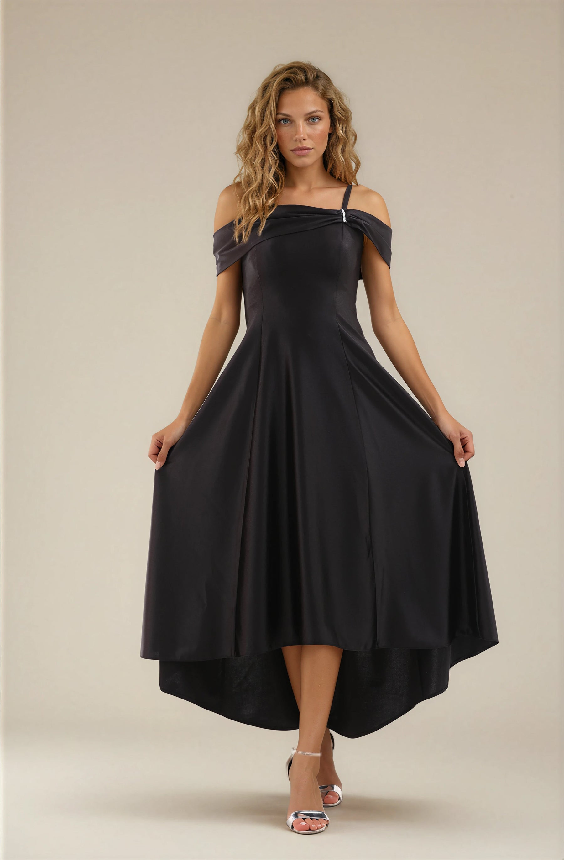 FARIKA Turgay satin dress in Shadow Black, front editorial view