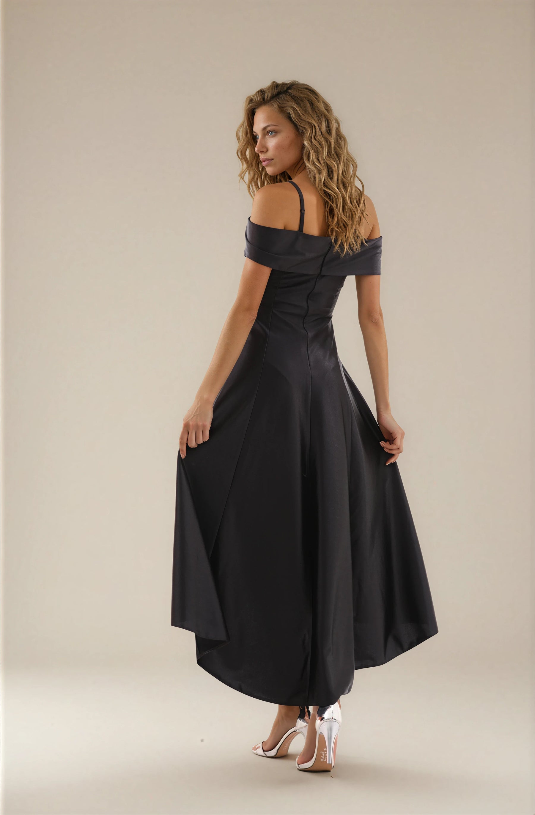 FARIKA Turgay satin dress in Shadow Black, alternate editorial view